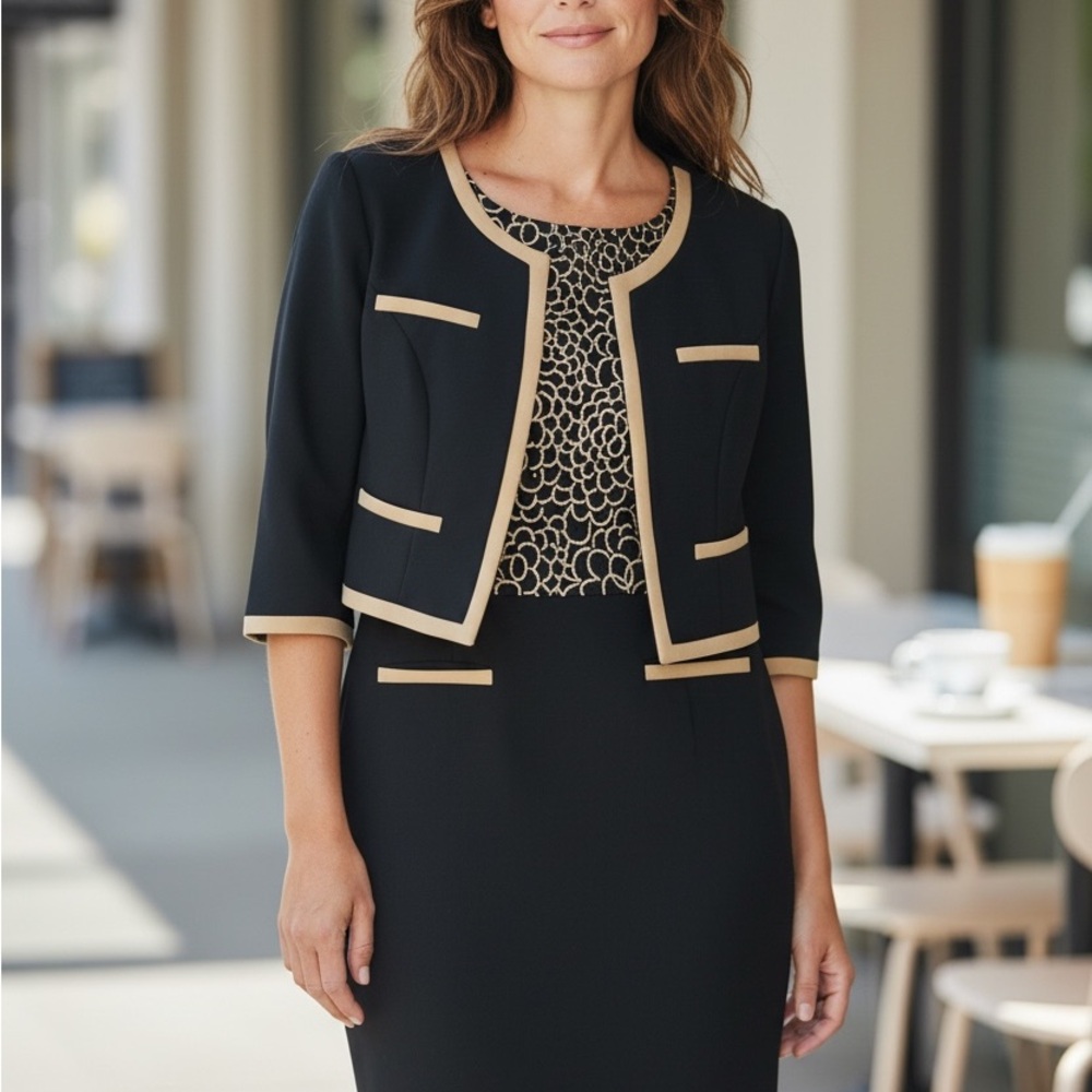 Ben Marc Suit Dress And Jacket Black‎ With Gold Sequins Womens Size 10